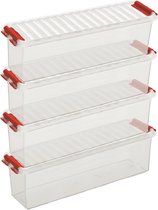 10x Sunware Q-Line opberg boxen/opbergdozen 1,3 liter 27 x 8,4 x 9 cm kunststof - Langwerpige/smalle opslagbox - Opbergbak kunststof transparant/rood