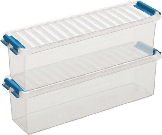 2x Boîtes de rangement / boîtes de rangement Sunware Q-Line 1,3 litre 27 x 8,4 x 9 cm plastique - Boîte de rangement oblongue / étroite - Boîte de rangement plastique transparent / bleu