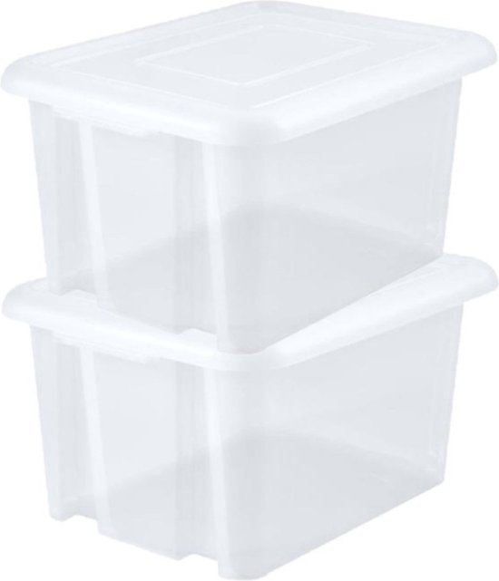 2x stuks kunststof opbergboxen/opbergdozen wit transparant L58 x B44 x H31 cm stapelbaar - Voorraad/opberg boxen/bakken met deksel