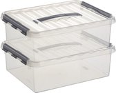 2x Sunware Q-Line opberg box/opbergdoos 10 liter 40 x 30 x 11 cm kunststof - A4 formaat opslagbox - Opbergbak kunststof transparant/zilver