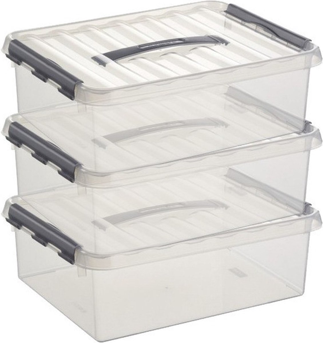 3x Sunware Q-Line opberg box/opbergdoos 10 liter 40 x 30 x 11 cm kunststof - A4 formaat opslagbox - Opbergbak kunststof transparant/zilver
