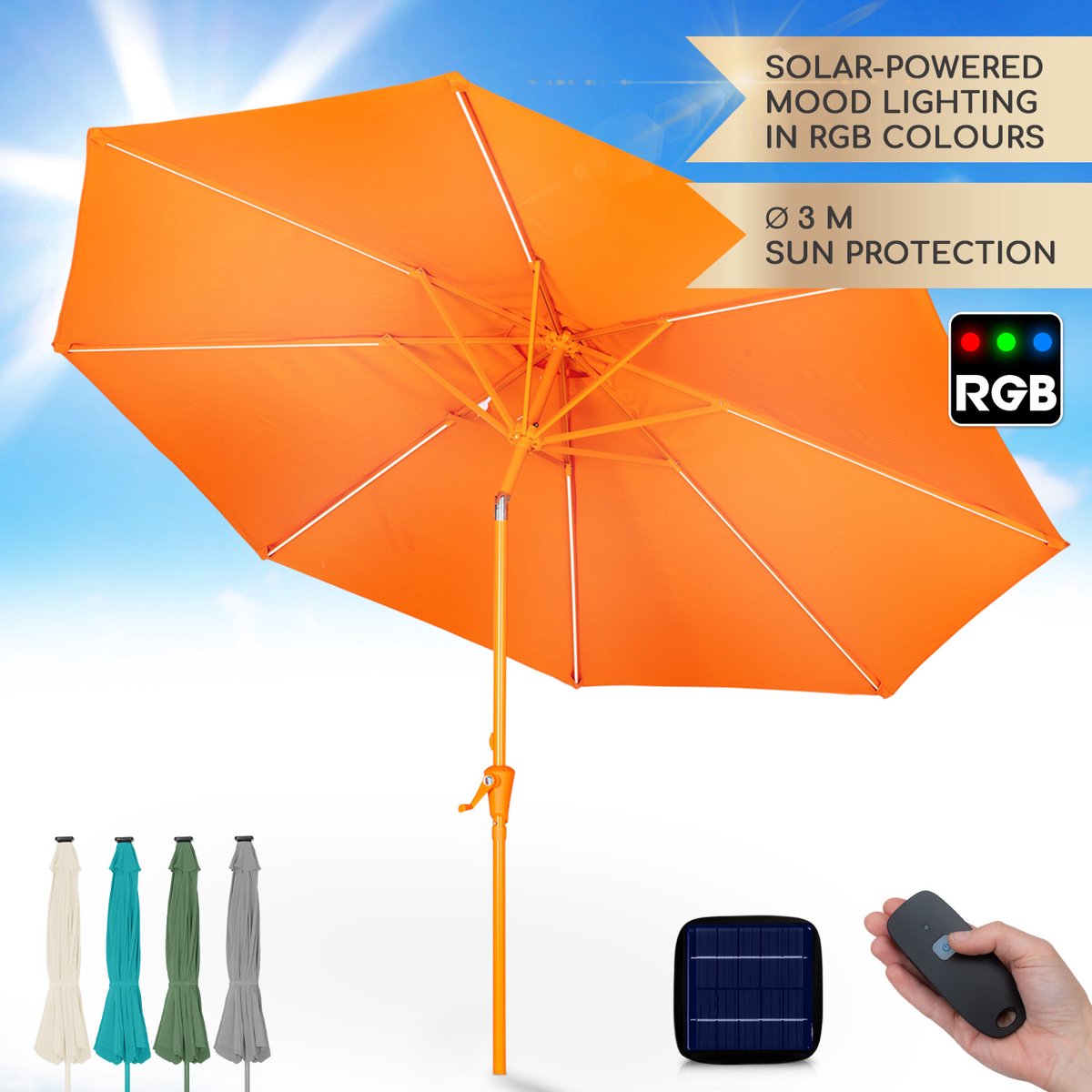 Blumfeldt Parasol voor Balkon & Tuin, Parasol met LED-verlichting, Waterdicht & UV-bescherming, Verstelbare Ronde Parasol & Kantelbaar, Zonwering met Zonnepaneel, Ronde Tuinparasol
