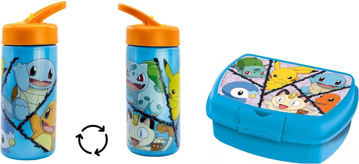 Pokemon - Broodtrommel - Lunchbox - Pokemon - Blauw - Schoolspullen - Drinkbeker