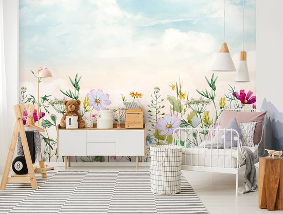 Fotobehang Natuur Wilde Bloemen Veld Bloemen Bloemen En Wolken 