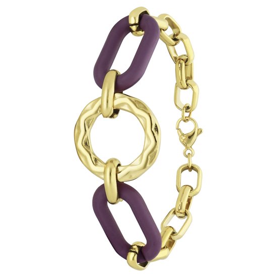 Lucardi Dames Stalen goldplated armband met donker paarse schakels - Armband - Staal - Goudkleurig - 20 cm