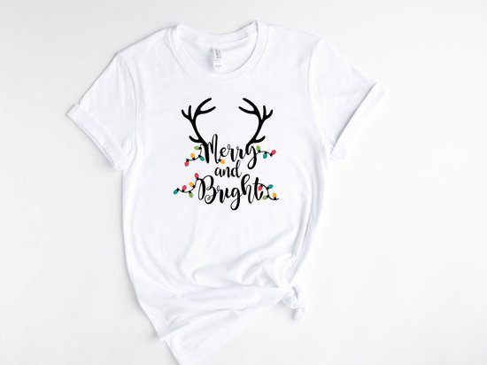 Lykke Christmas T-Shirt | Kerst | Merry and Bright | Mannen - Vrouwen - Unisex | Katoen | Wit | Maat L