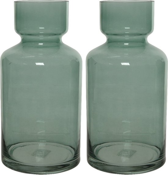 Set van 2x stuks groene vazen/bloemenvazen 6 liter van glas 15 x 30 cm - Glazen vazen voor bloemen en boeketten