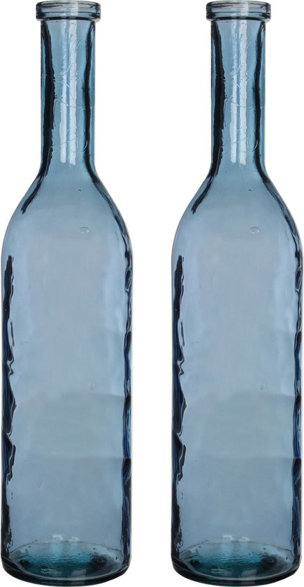 Set van 2x stuks transparante/blauwe fles vaas/vazen van eco glas 18 x 75 cm - Rioja - Woonaccessoires/woondecoraties - Glazen bloemenvaas - Flesvaas/flesvazen