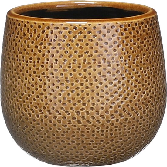 Set de 2 pots de fleurs en poterie céramique mesurant 12 x 14 cm en jaune ocre nervuré - Pots de plantes Mica Decorations