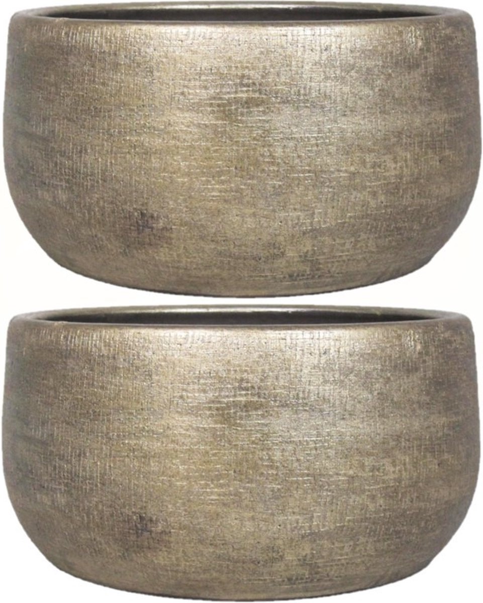 Floran Bloempot/plantenpot Mira - 2x - industrieel goud - keramiek - binnen - 29 x 14 cm