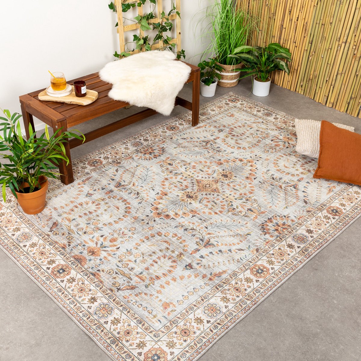 Fraai Vintage buitenkleed - Santo Flora Lichtgrijs - 200x290cm