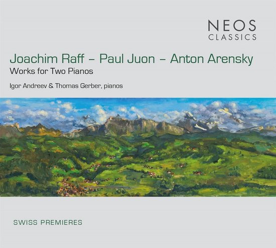 CD-hoes met de titel 'Joachim Raff - Paul Juon - Anton Arensky - Works for Two Pianos' en een schilderij van een berglandschap met dorpen.