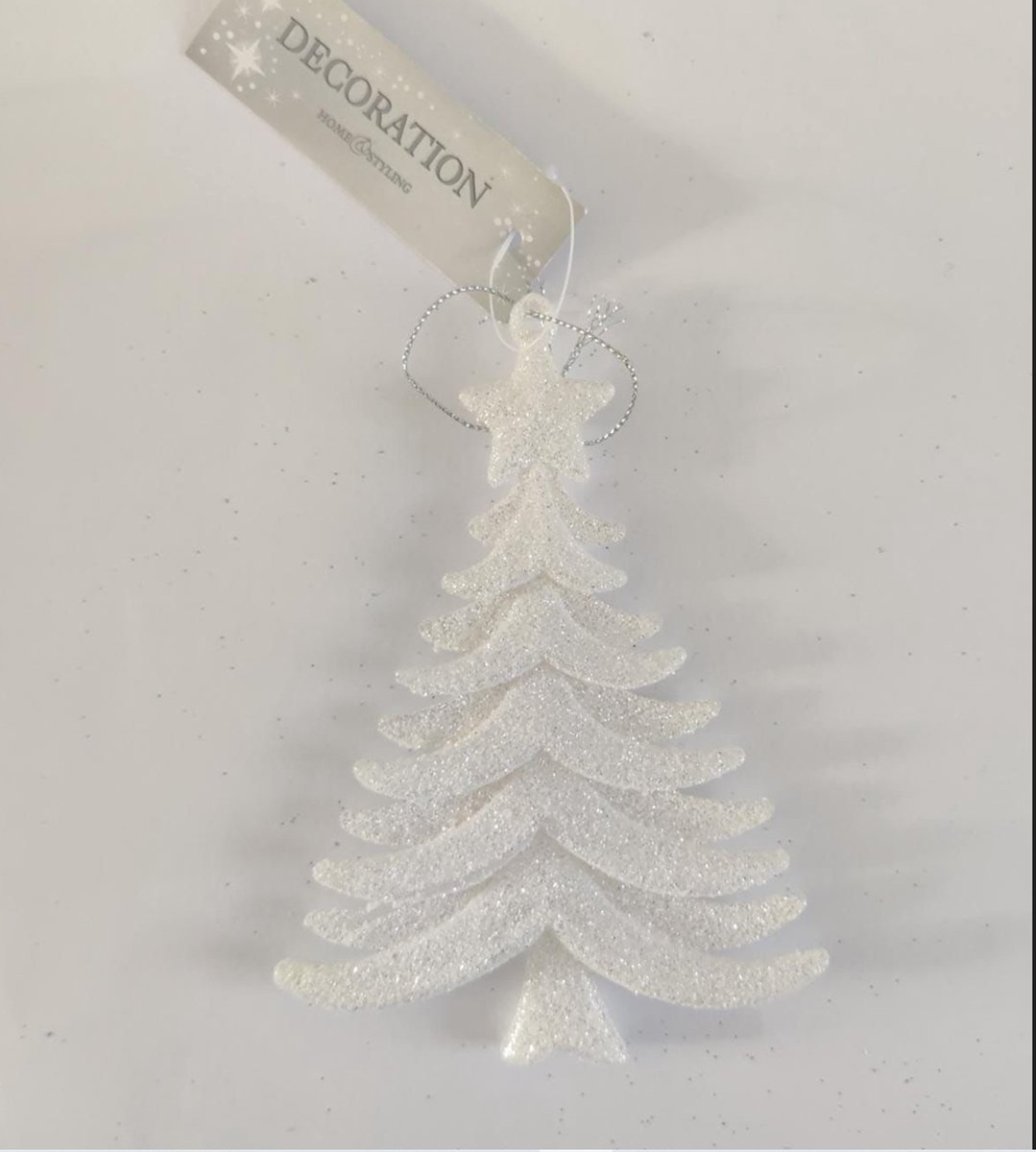 Kersthanger Kerstboom - WIT & Glitters - Kerstboom hanger - Lengte 10 cm x Breedte 1 cm x Hoogte 14 cm -