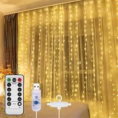LED Gordijn - Lichtgordijn - Waterdicht - Kerstverlichting - Met Afstandsbediening - USB - Warm White - 3x2M