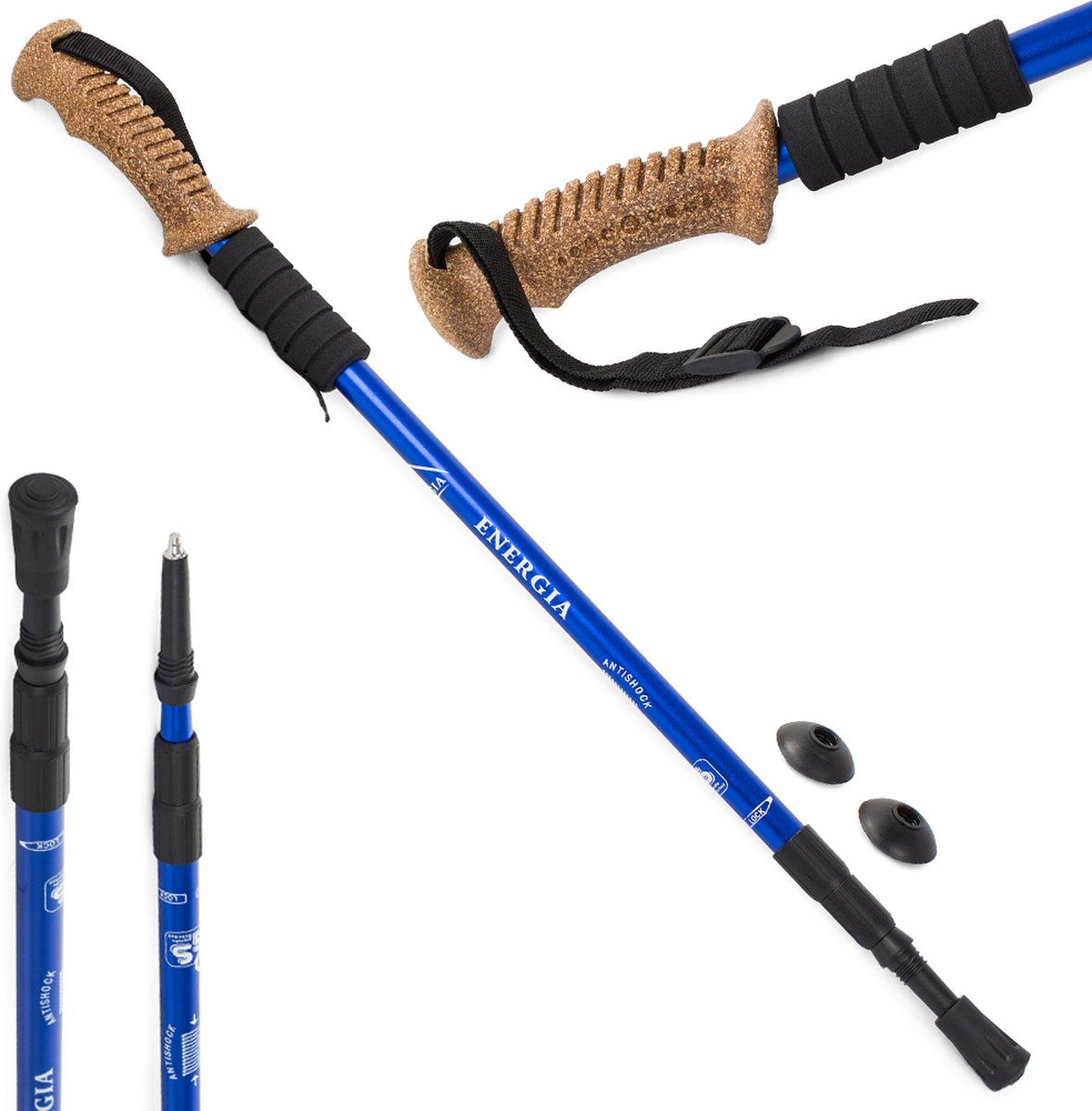 T.R. Goods 2 Stuks Nordic Walking Wandelstokken Telescopisch - Kurken Handgreep - Antishock - Maximale lengte 135 cm - Ingeklapt 64 cm - Blauw