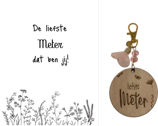 Sleutelhanger en kaartje liefste Meter | roze | bloemen | jij bent de liefste | liefste meter | moolste peter | cadeau