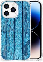 Shockproof Case Geschikt voor iPhone 14 Pro Telefoonhoesje met doorzichtige rand Wood Blue