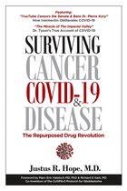 Boekcover met de titel 'Surviving Cancer, COVID-19 & Disease'. Grijze en rode letters.