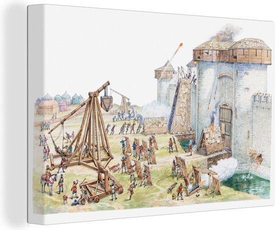 Canvas Schilderij Illustratie van een middeleeuws kasteel - 90x60 cm - Wanddecoratie