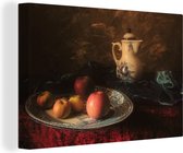 Canvas Schilderij Schilderij - Stilleven - Theepot - Appels - 90x60 cm - Wanddecoratie