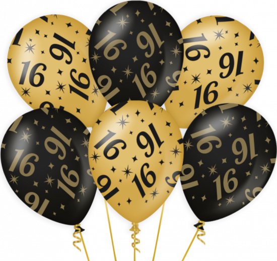 6x stuks Leeftijd verjaardag feest ballonnen 16 jaar geworden zwart/goud van 30 cm- Feestartikelen/versiering