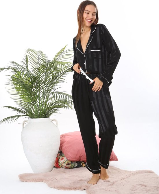 Dames 2- Delige -Pyjama- Luxe Pyjamaset- Nachtkleding- Homewear -Zwart Maat M