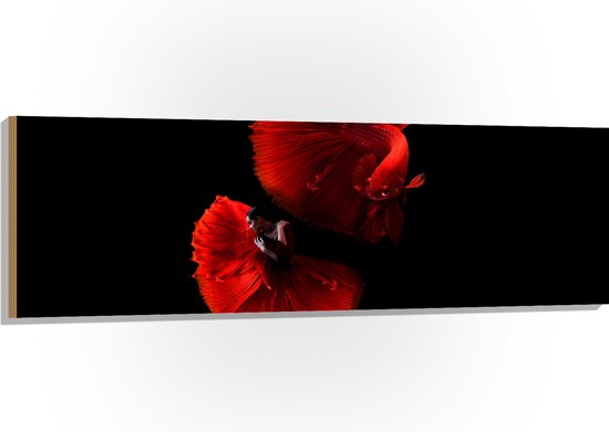 WallClassics - Hout - Danser met Rode Jurk en Vis - 150x50 cm - 12 mm dik - Foto op Hout (Met Ophangsysteem)