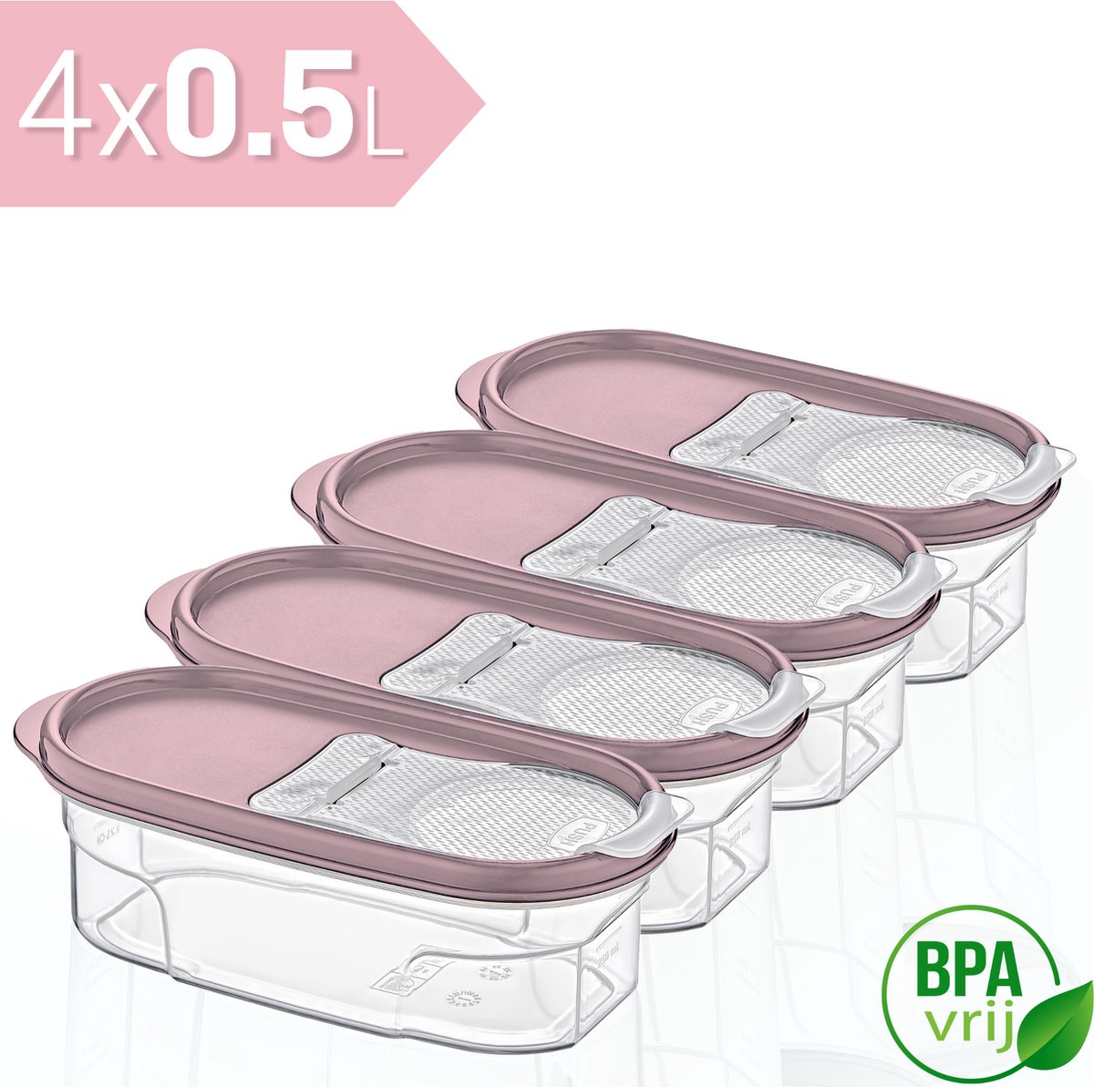 Voorraadpotten Set van 4 - 4x0.5L met rose deksel Voorraadbussen - Vershouddoos - 4 Stuks - BPA vrij - Kunststof