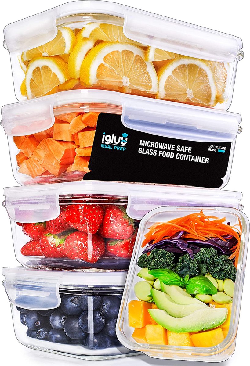 Igluu Glazen Meal Prep Containers met Transparante Luchtklep Deksels - Luchtdicht Portie Controle Voedsel Vershoudbak - BPA Vrij - Magnetron, Vriezer en Vaatwasserbestendig [5 Stuks + 1 Extra Deksel]