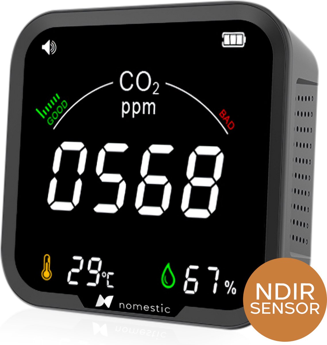 #9. Nomestic® CO2 Meter & Hygrometer voor Binnen – CO2 Melder met Thermometer & Luchtvochtigheidsmeter – Zelfkalibrerende NDIR sensor