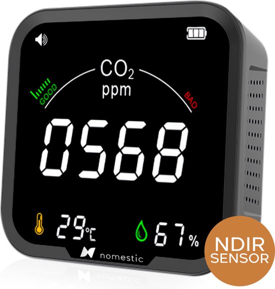 Nomestic® Airsight CO2 Meter & Hygrometer voor Binnen – CO2 Melder met Thermometer & Luchtvochtigheidsmeter – Luchtkwaliteitsmeter – Draagbaar en Oplaadbaar – Zelfkalibrerende NDIR sensor