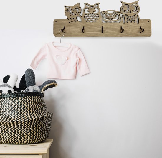 Porte-manteau pour enfants Kidswall ® - Porte-manteau hibou - Handgemaakt - Porte- Cintres - 5 crochets - Porte- Cintres design - Y compris le matériel de montage - Porte-manteau mural - Crochets pour chambre d'enfant - Chêne marron - Moderne ®