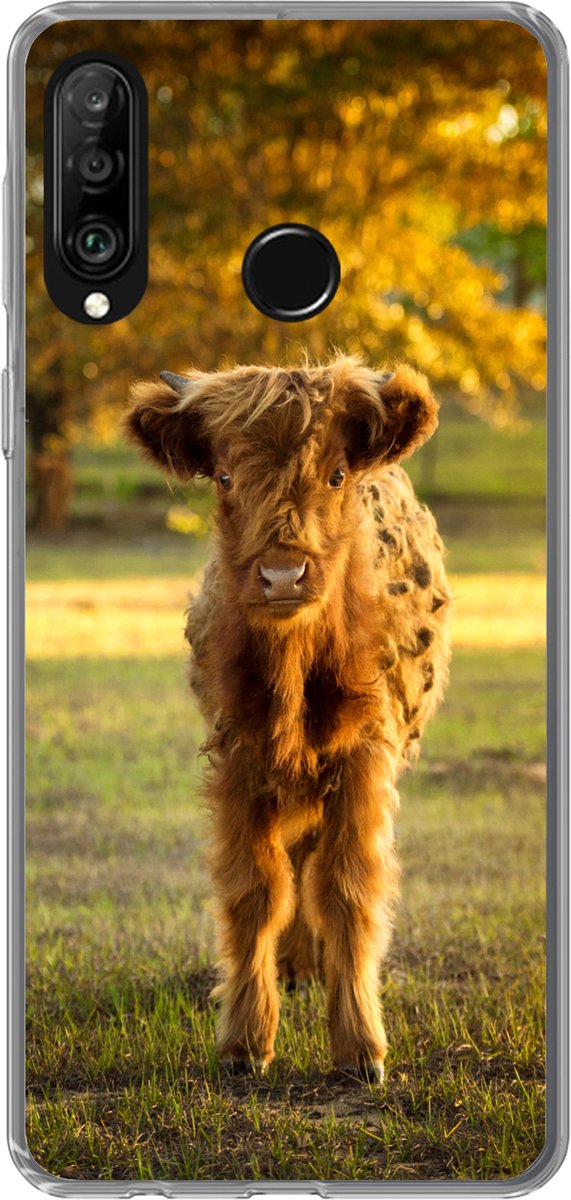 Telefoonhoesje Geschikt voor Huawei P30 Lite hoesje - Schotse Hooglander - Kalfje - Herfst - Siliconen Telefoonhoesje Telefoonhoesje