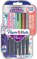 Paper Mate Flair metalen viltstiften | glitterende inkt schijnt op wit papier | diverse kleuren | mediumpunt (0,7 mm) | 6 stuks