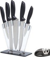 KitchenBrothers Ensemble de couteaux avec bloc - 7 pièces - Couteaux de cuisine de cuisine avec couteau de chef - Avec aiguiseur de couteaux - Revêtement antiadhésif - Acier inoxydable / Manche Zwart