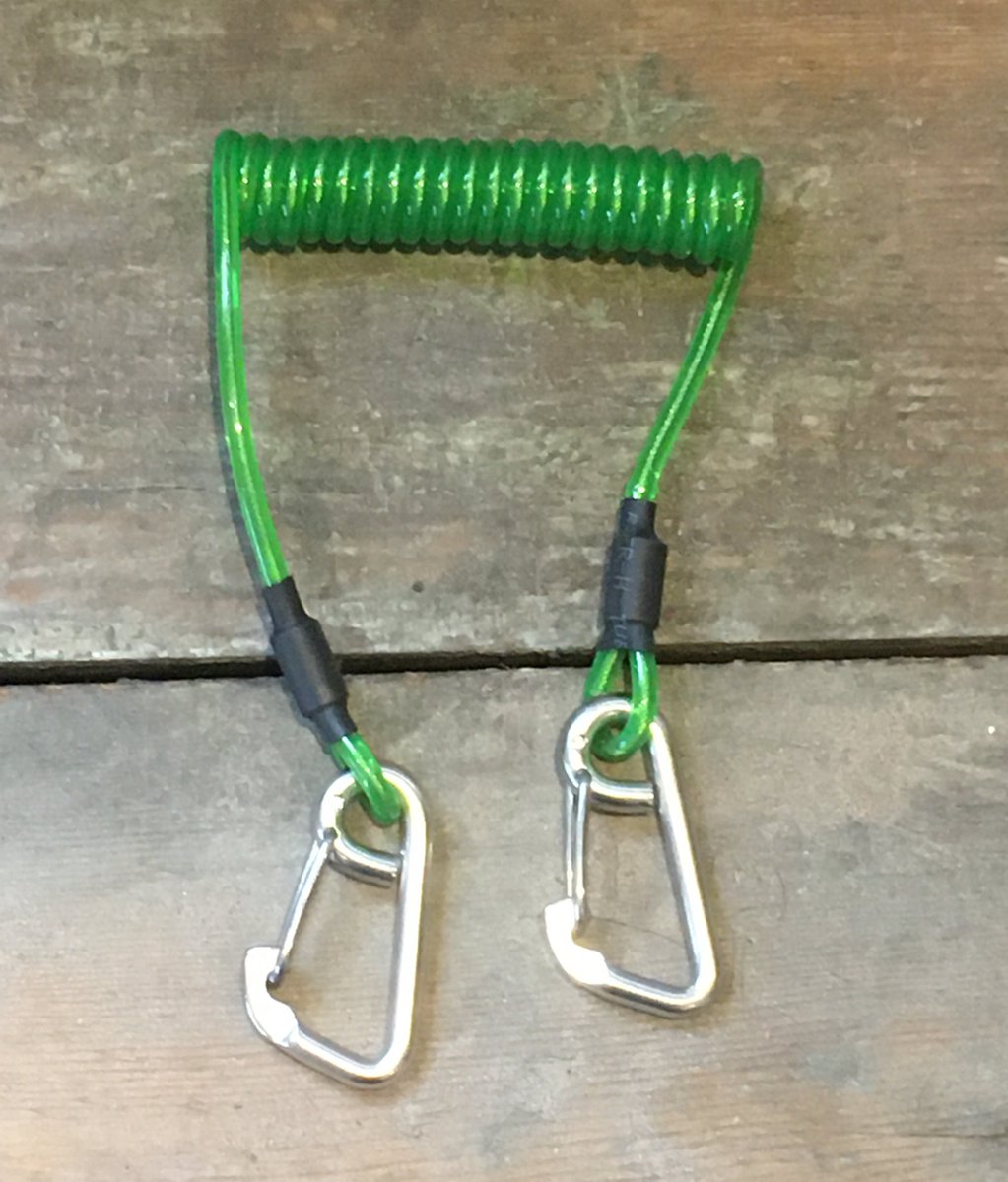 Gereedschapslijn met spiraalkabel groen en 2 karabijnhaken, 45-120 cm