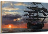 WallClassics - Hout - Groot Piratenschip op Zee met Zon - 120x80 cm - 12 mm dik - Foto op Hout (Met Ophangsysteem)