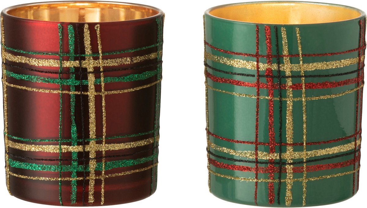 J-Line theelichthouder Geruit - glas - rood/groen - large - 2 stuks