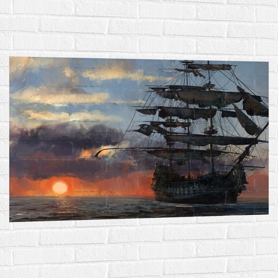 WallClassics - Muursticker - Groot Piratenschip op Zee met Zon - 105x70 cm Foto op Muursticker