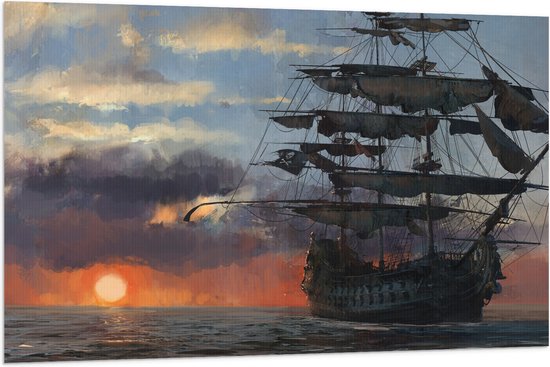 WallClassics - Vlag - Groot Piratenschip op Zee met Zon - 120x80 cm Foto op Polyester Vlag