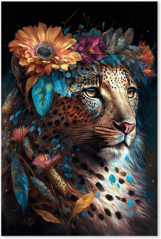 Graphic Message - Schilderij op Canvas - Luipaard met Bloemen - Jaguar - Panter - Boho - Bohemian - Tribal - Kleurrijk - Zwart - Luxe - Wild - Dierenhoofd - Afrikaans - Afrika - Jungle - Kat - Leeuw - Wanddeco - Wanddecoratie - Natuur - Africa