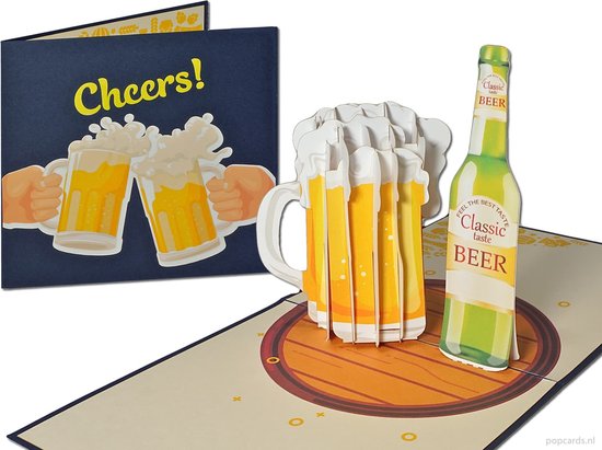 Popcards popupkaarten – Biertje? Proost, cheers! Verjaardagskaart - Bierpul met versgetapt bier Jarig Verjaardag pop-up kaart 3D wenskaart