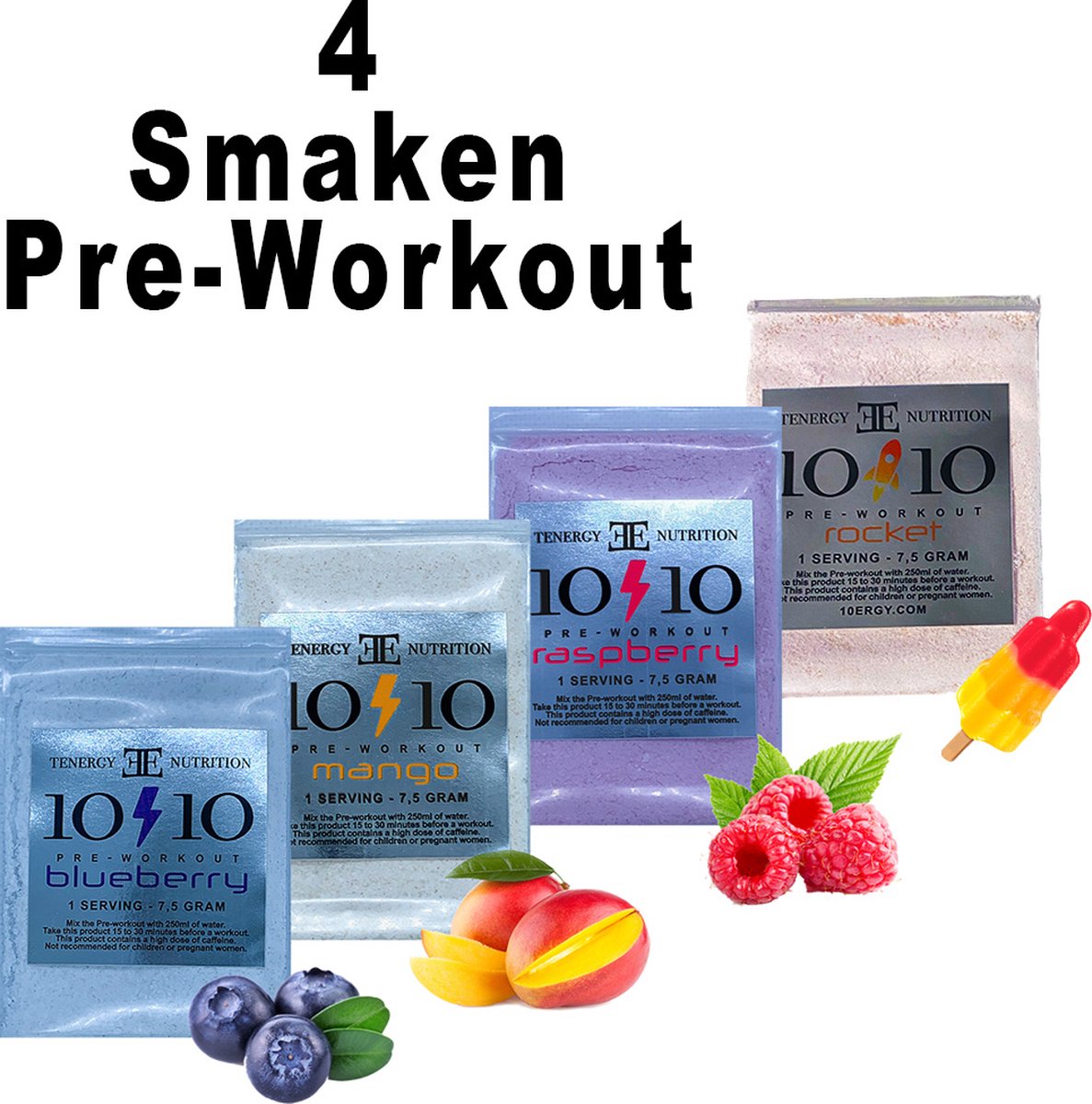 10ERGY - Pre-workout Sample Pack - Fitness gym Supplement - Raspberry, Rocket, Mango & Blueberry (4x 1 dosering) - pwo tester