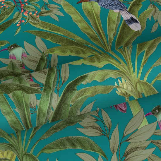 Papier peint ESTAhome feuilles de jungle tropicale et oiseaux de paradis bleu pétrole et vert jungle - 0- 0,53 x 10,05 m