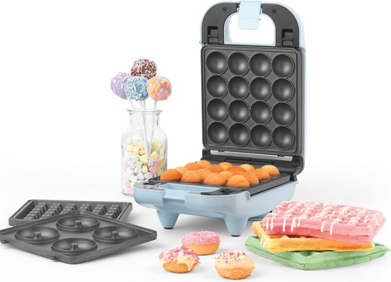 Petra 3 in 1 wafel ijzer met verwisselbare platen, donut maker (4 donuts) en cake pop maker (16 cakepops) - uitneembare platen - blauw