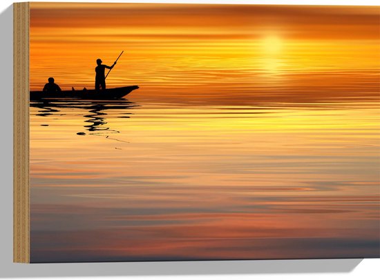 WallClassics - Hout - Silhouet van Visser op Boot met Zonsondergang - 40x30 cm - 12 mm dik - Foto op Hout (Met Ophangsysteem)