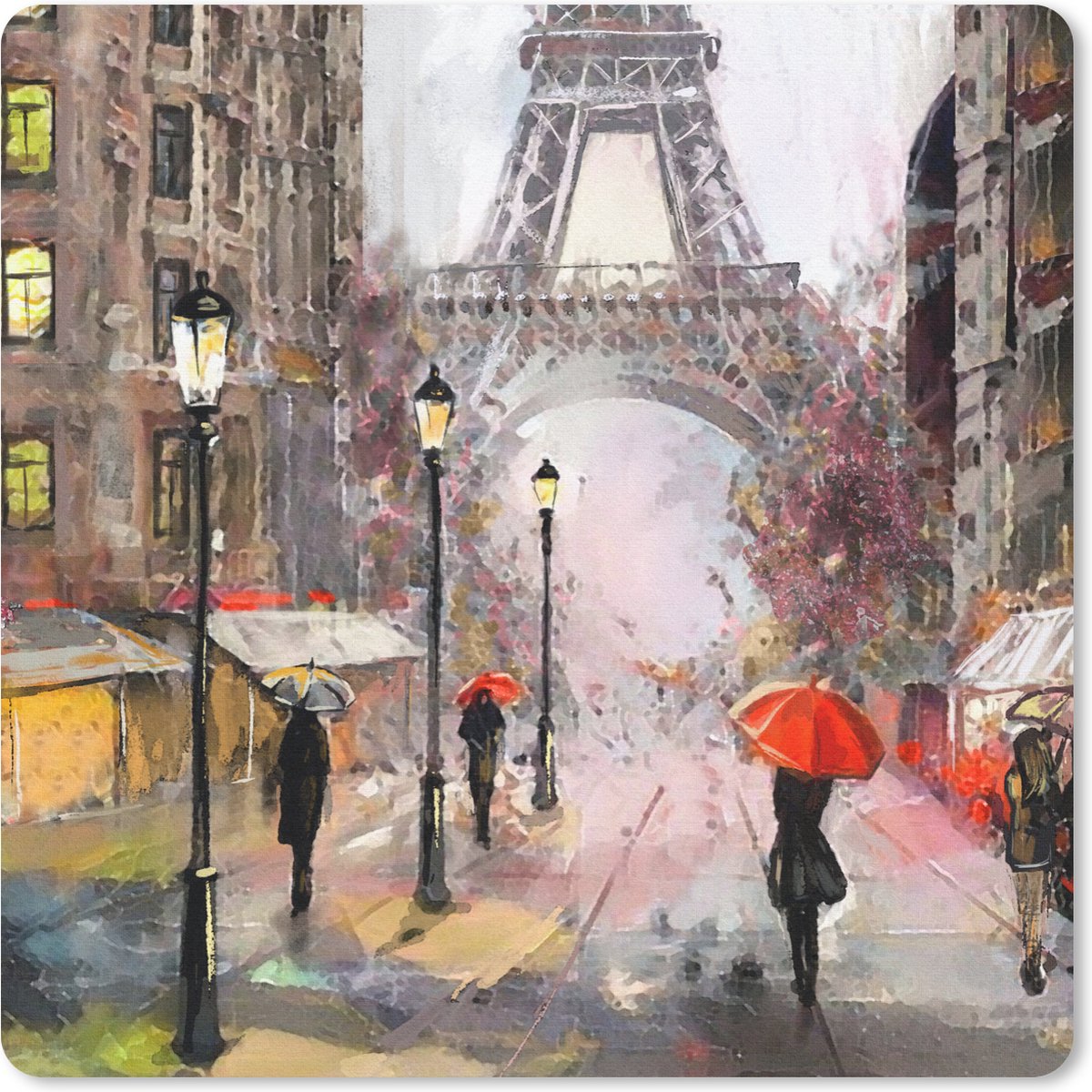 Muismat 30x30 cm - Mousepad Schilderij - Parijs - Eiffeltoren - Paraplu - Olieverf - Muismatten