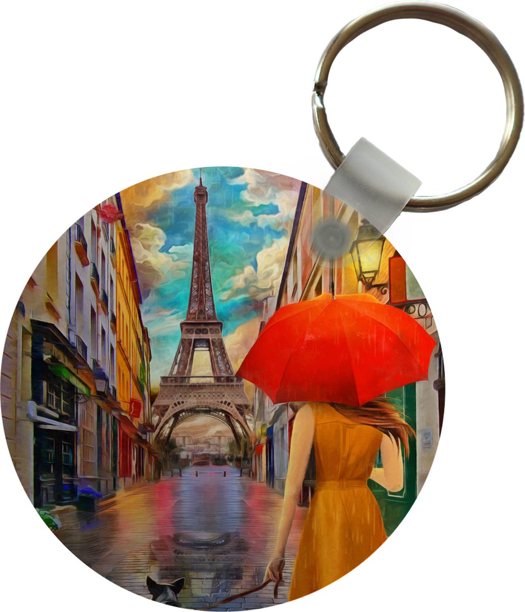 Sleutelhanger - Schilderij - Olieverf - Vrouw - Hond - Parijs - Plastic - Rond - Uitdeelcadeautjes