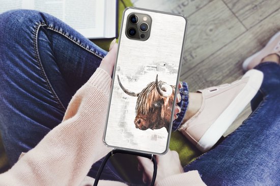 Coque avec cordon iPhone 13 Pro - Highlander écossais - Animaux - Papier journal - Siliconen - Bandoulière - Coque arrière avec cordon - Coque pour téléphone avec cordon - Coque avec corde