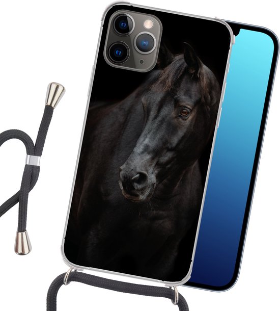 Coque avec cordon iPhone 12 Pro - Cheval - Légère - Zwart - Siliconen - Bandoulière - Coque arrière avec cordon - Coque pour téléphone avec cordon - Coque avec corde